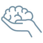 Line drawing of a hand holding a brain, symbolizing support or nurturing of mental health or intelligence.